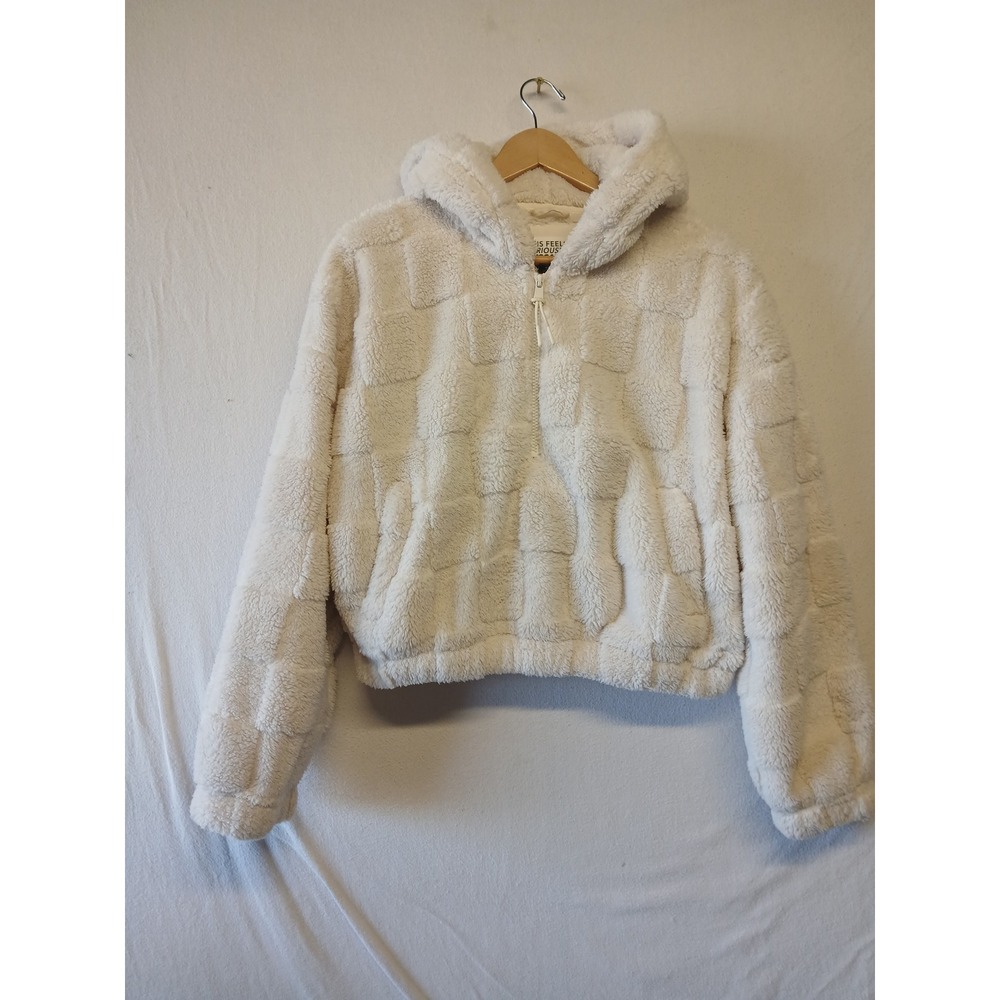 Fuzzy cozy checkered american eagle cropped hoodie 1/2 zip plush lounge cream - Picture 8 of 9